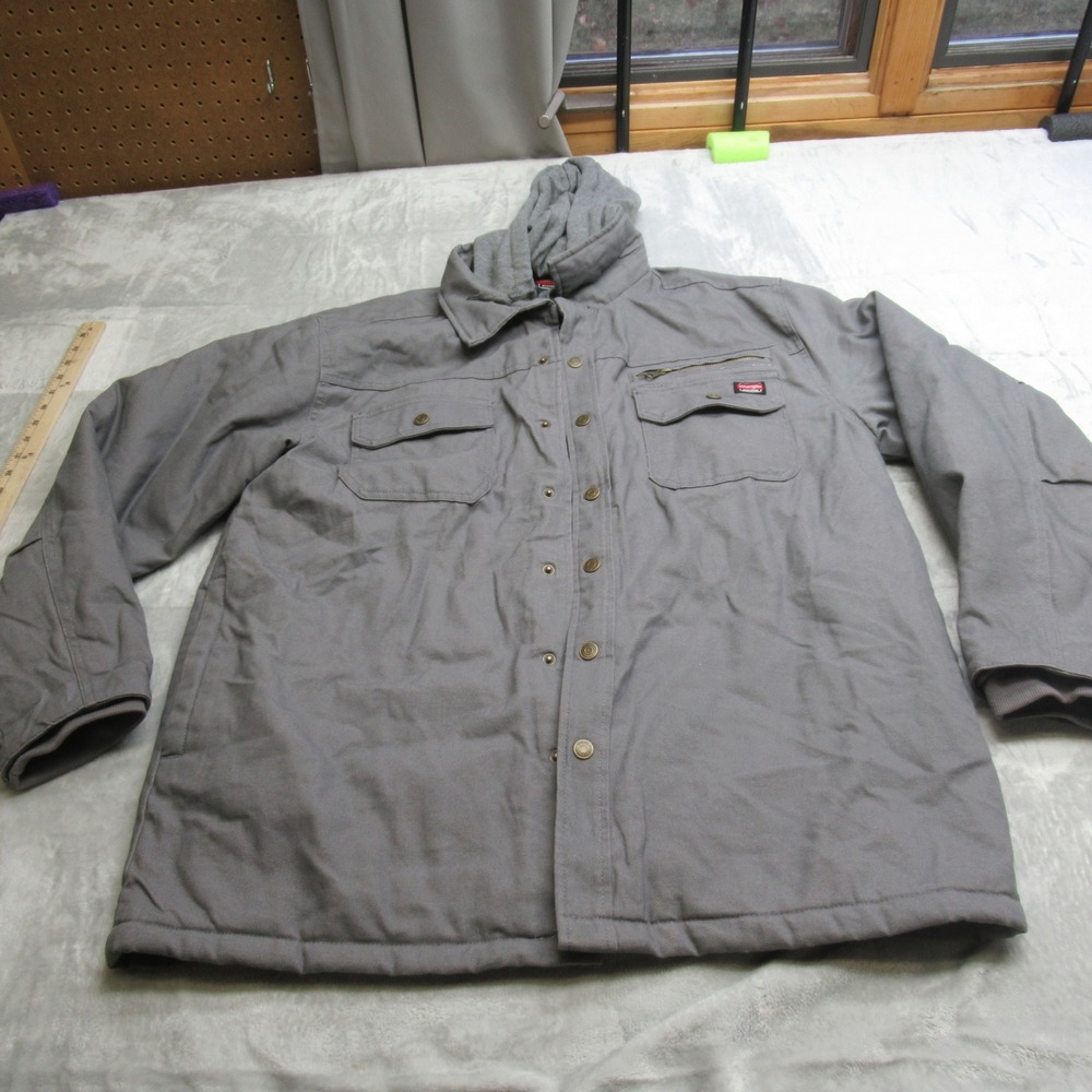 Wrangler Workwear Jacket Mens Large Gray Duck Canvas Quilted Lined Hooded Pocket